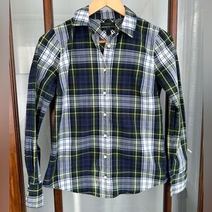 J Crew Perfect Shirt Women 2 Blue Tartan Plaid 100% Cotton Long Sleeve Button Up